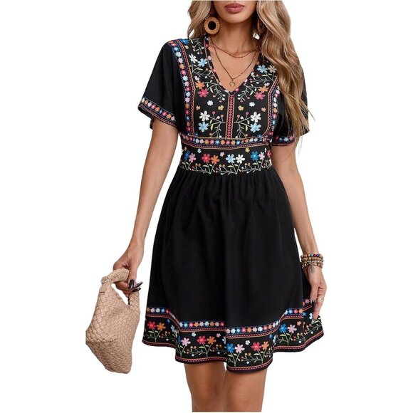 Dresses & Skirts - Women's Floral Print A Line Dress V Neck Short Sleeve Boho Vacation